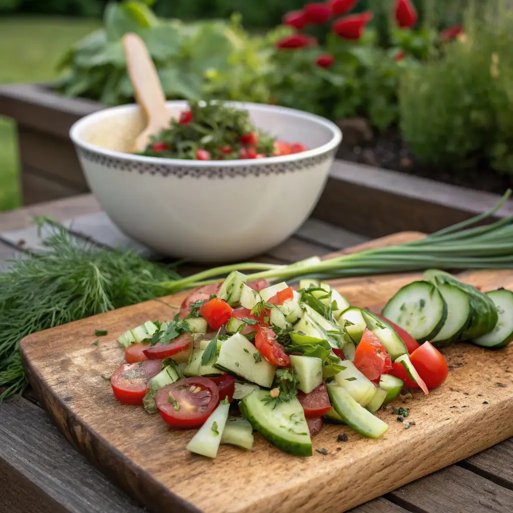 Rustic zero-waste salad made from cucumbers, tomatoes, herb stems, and veggie scraps beside a compost bowl on a cutting board.