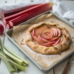 Artistic rhubarb galette with sliced rhubarb fanned out in a swirl on a rustic parchment-lined tray.