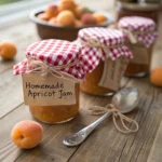 Row of small mason jars filled with apricot jam, decorated with gingham fabric and twine, labeled “Homemade Apricot Jam.”