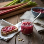 Small jar of homemade rhubarb chia jam with a spoon and toast in the background.