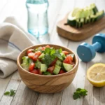 Wooden bowl filled with cucumber tomato salad beside a water bottle, lemon wedges, and dumbbells on a workout mat.