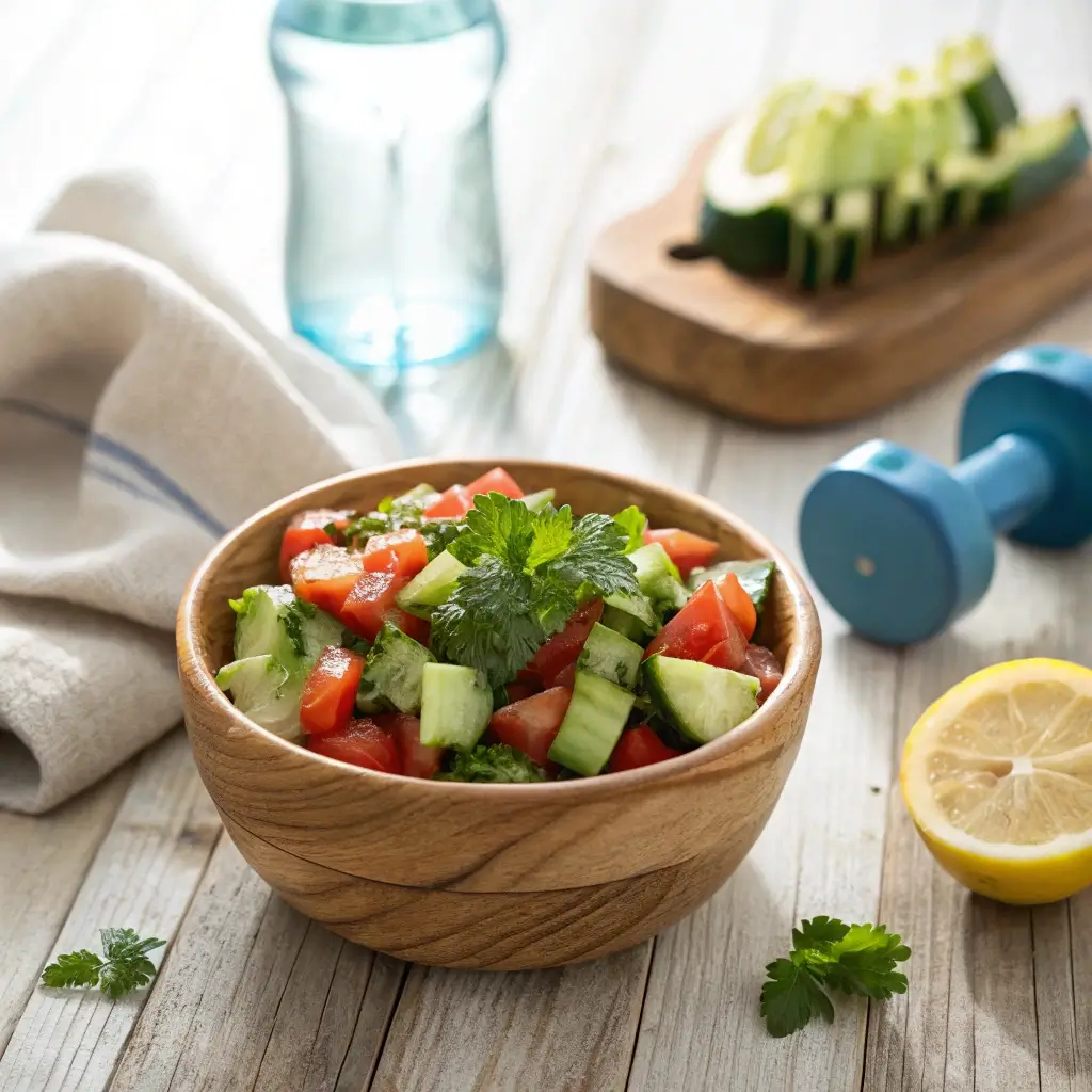Wooden bowl filled with cucumber tomato salad beside a water bottle, lemon wedges, and dumbbells on a workout mat.