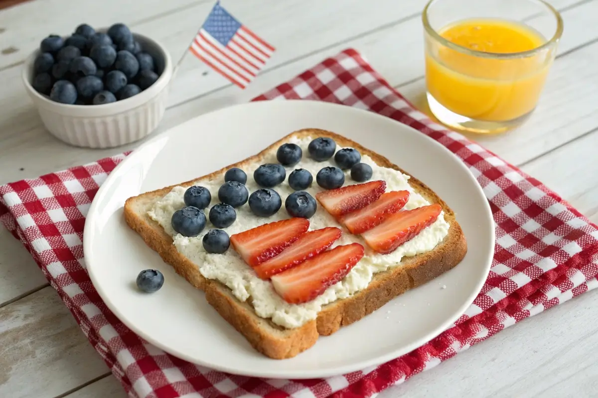 Slice of toast decorated like an American flag with cream cheese, strawberries, and blueberries, served on a white plate with 4th of July decorations.