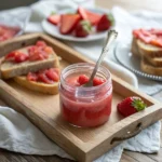 Glass jar of vibrant pink rhubarb compote with a spoon, styled next to toast and berries.
