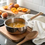 A small saucepan bubbling with golden apricot jam on a stovetop, surrounded by fresh apricots and a wooden spoon.