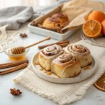 Glazed sourdough cinnamon rolls with a soft interior, served on a white plate with drizzled honey on the side.