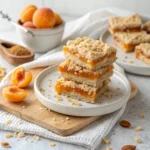 Stack of golden apricot crumble bars with jam oozing between layers, styled on a plate with rustic napkin and fresh apricots.