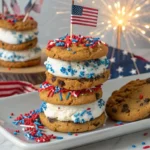 Ice cream sandwiches made with cookies and vanilla ice cream, coated in red, white, and blue sprinkles, arranged on a platter with patriotic decorations.