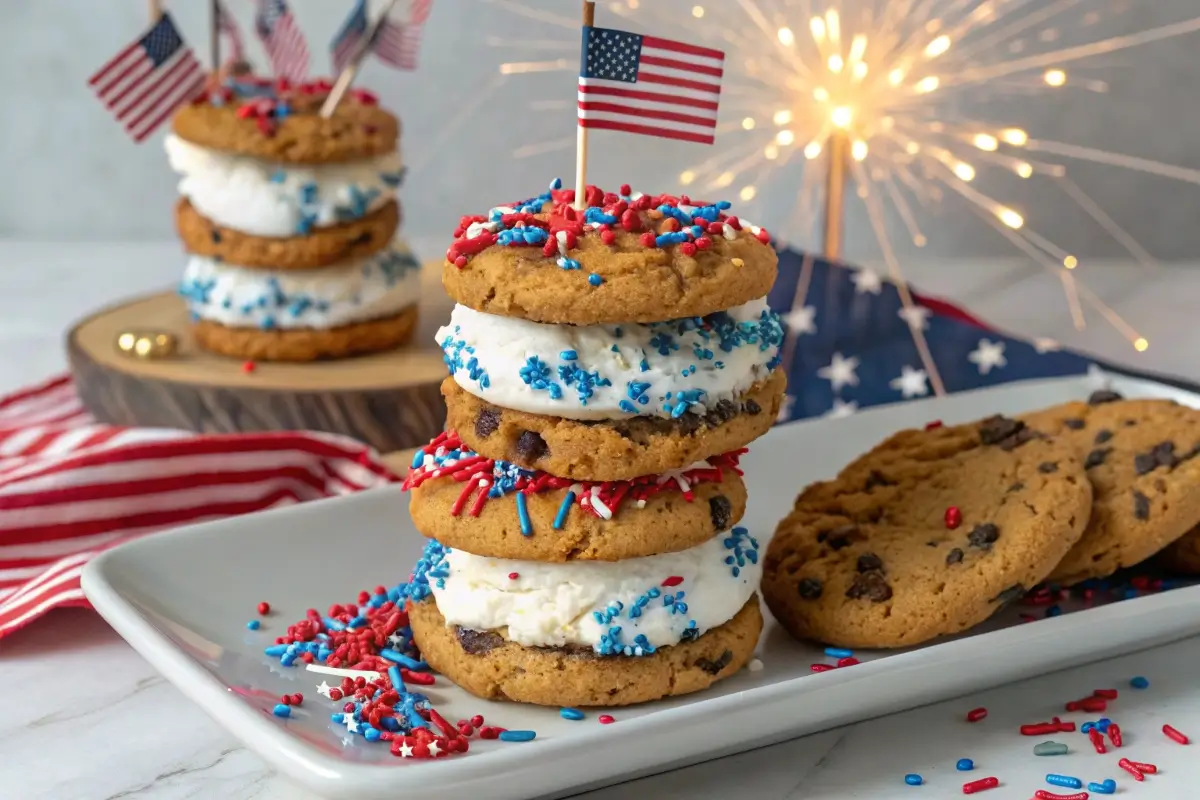Ice cream sandwiches made with cookies and vanilla ice cream, coated in red, white, and blue sprinkles, arranged on a platter with patriotic decorations.
