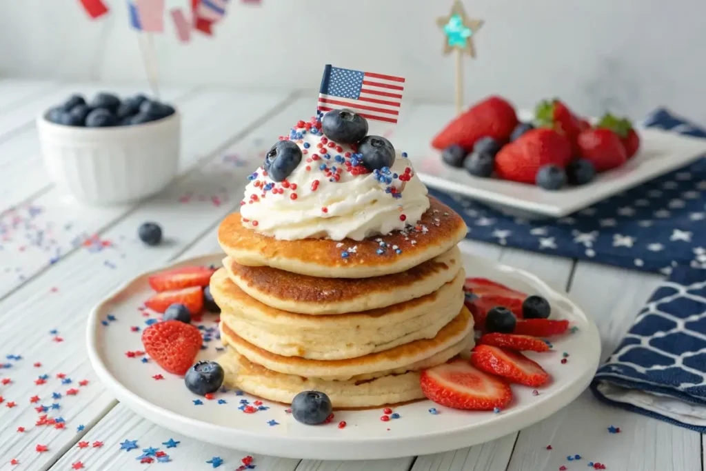 Stack of pancakes topped with whipped cream, strawberries, blueberries, and a mini American flag, served on a festive 4th of July breakfast table.