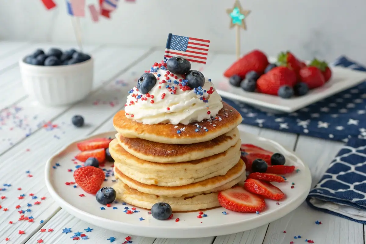 Stack of pancakes topped with whipped cream, strawberries, blueberries, and a mini American flag, served on a festive 4th of July breakfast table.
