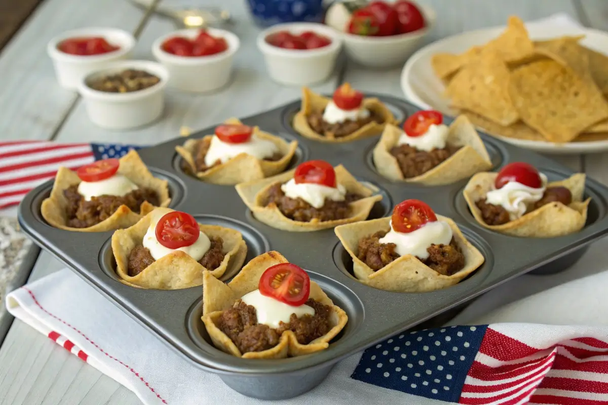 Mini taco cups baked in a muffin tin with ground beef, cheese, and patriotic toppings in red, white, and blue, served on a festive 4th of July picnic table.