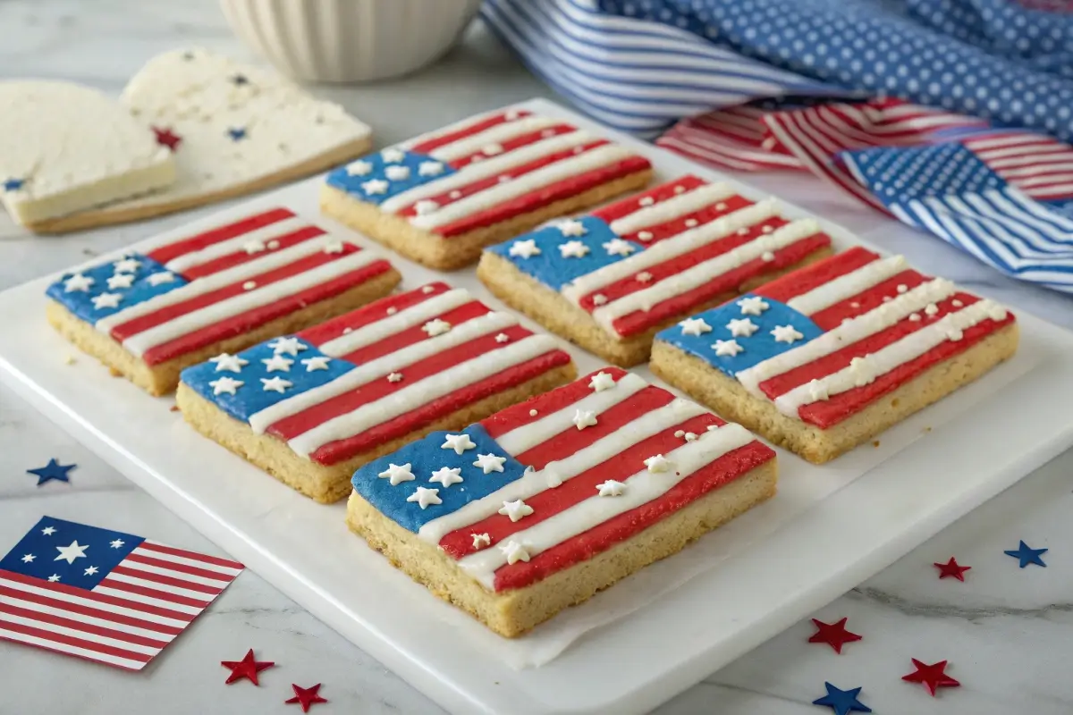 Cookie bars decorated like the American flag with red and white frosting stripes, blue frosting in the corner, and white star sprinkles, displayed on a festive 4th of July-themed table.