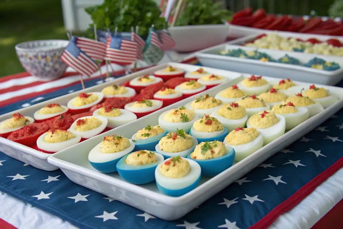 Deviled eggs with red, white, and blue dyed egg whites, filled with a creamy yolk mixture and topped with herbs and small American flags, arranged on a patriotic-themed platter.