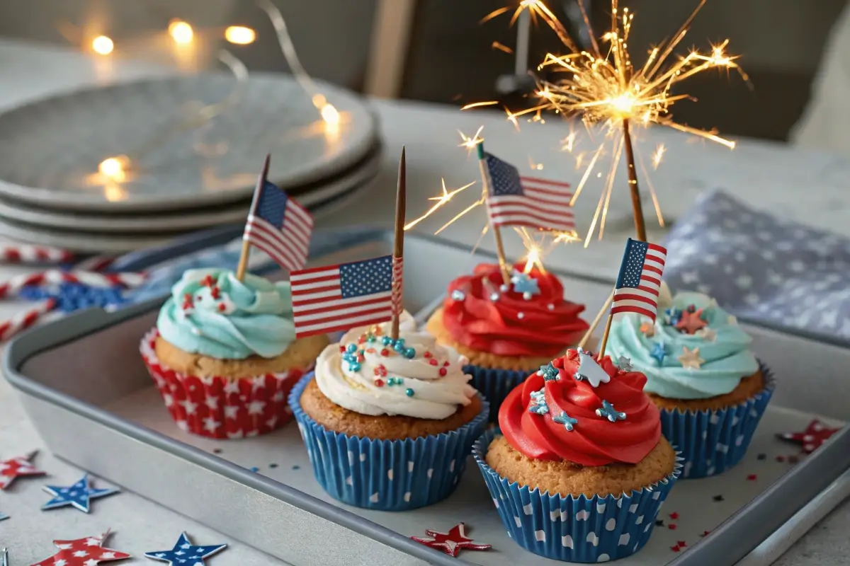 Patriotic sparkler cupcakes with red, white, and blue frosting swirls, glittery sprinkles, and metallic sparkler toppers, displayed on a decorated 4th of July party table.