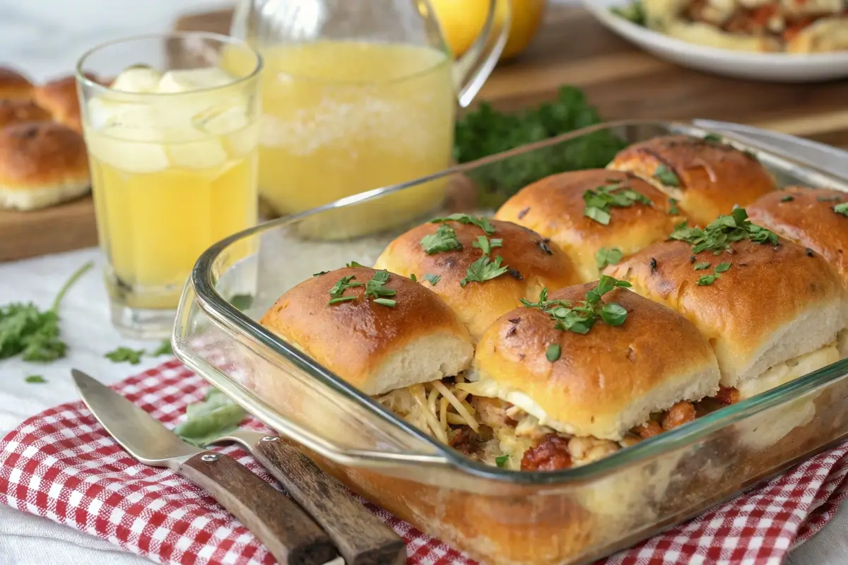 BBQ chicken sliders made with shredded chicken, melted cheese, and soft buns, brushed with garlic butter and baked until golden, served in a tray with picnic-themed decor.