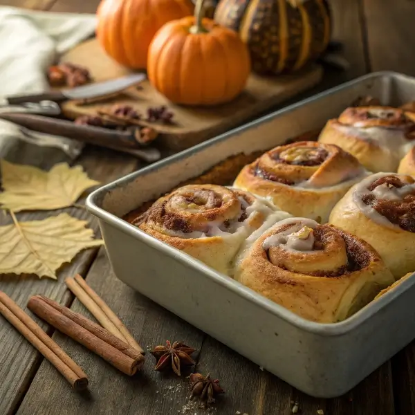Golden baked cinnamon rolls with bubbling filling, styled next to pumpkins and fall leaves.