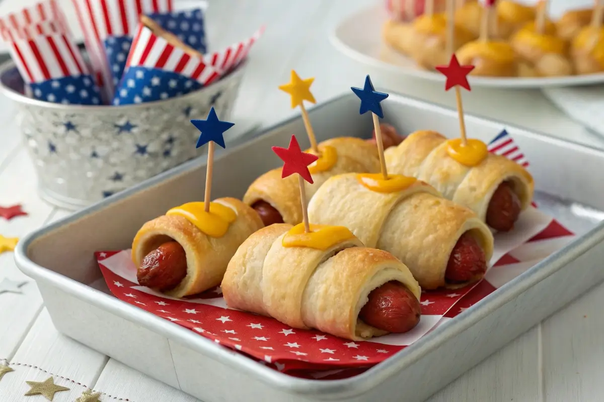 Crescent-wrapped Firecracker Hot Dogs standing upright with skewers topped by cheese stars, served on a festive 4th of July platter decorated with patriotic napkins and American flags.