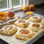 Golden puff pastry danish with glossy apricot jam and a sugar glaze, styled on a baking tray with fresh apricots.