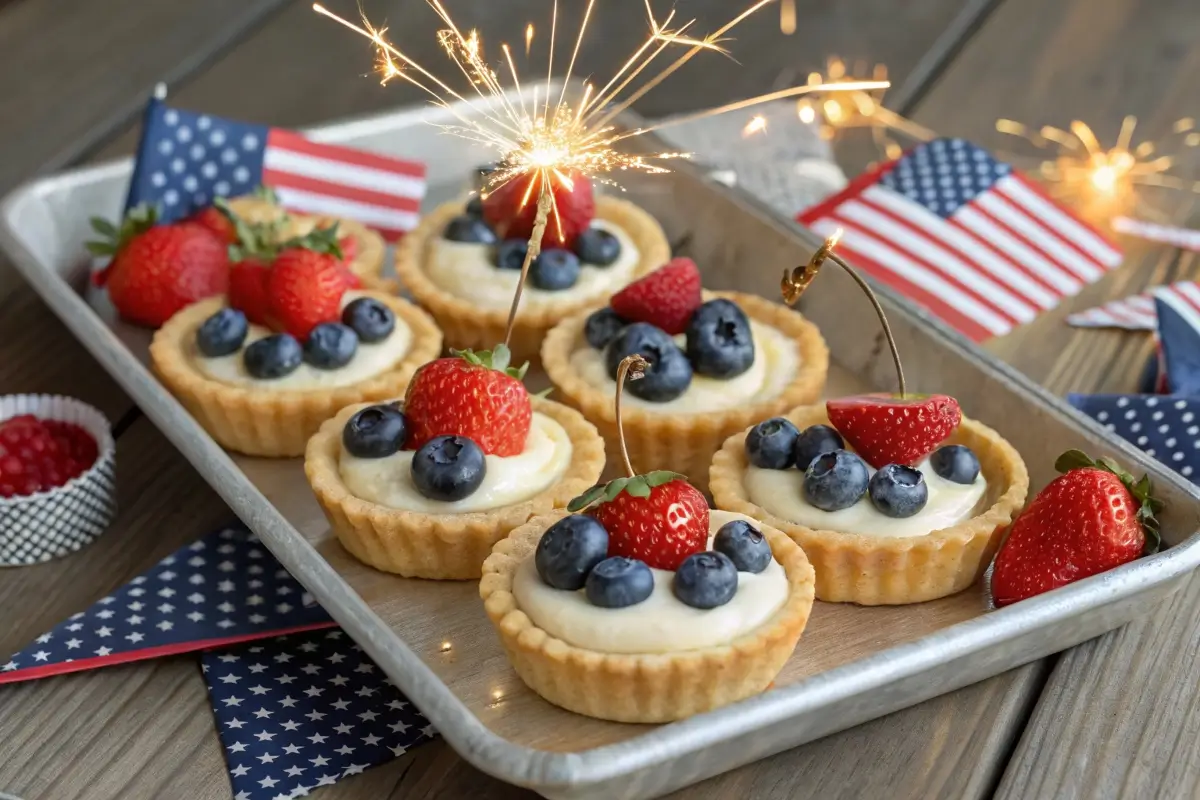 Mini fruit tarts with golden crusts, cream filling, and red and blue berries arranged on a tray with patriotic 4th of July decorations.