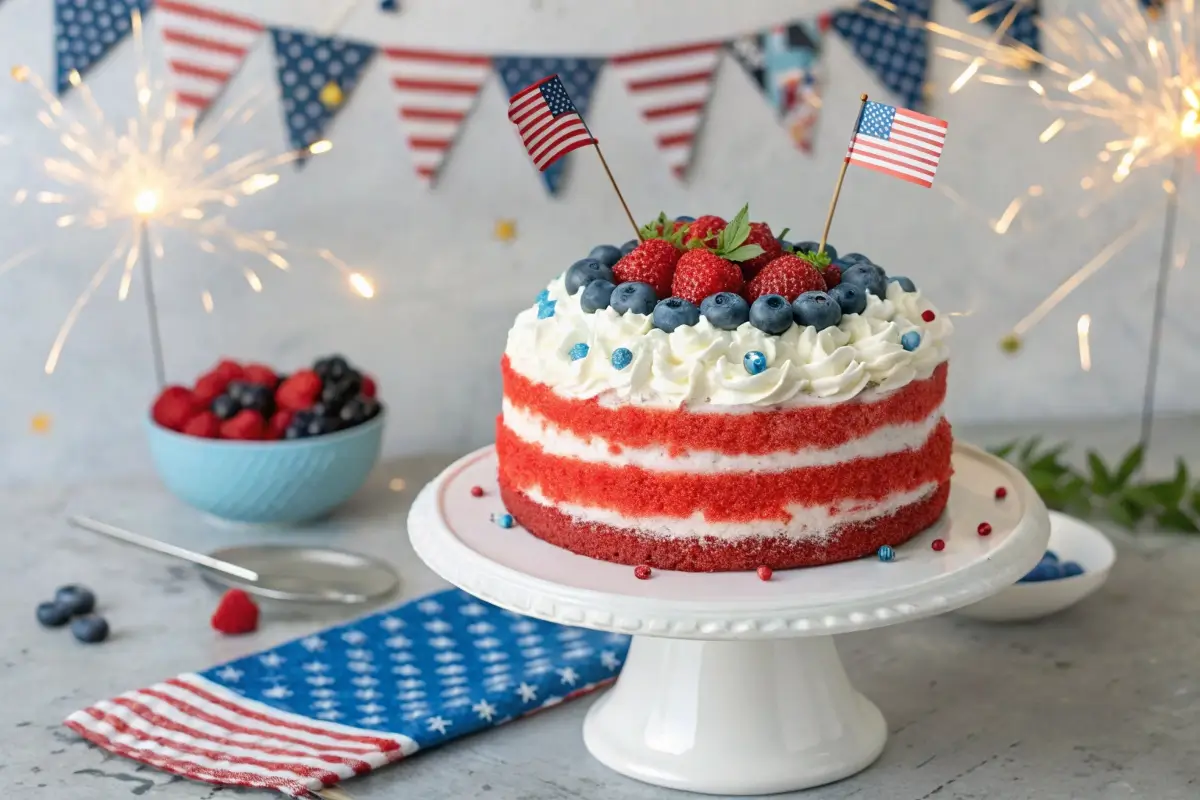A 4th of July layer cake with red, white, and blue sponge layers, covered in white frosting and topped with patriotic sprinkles and mini American flags.