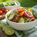 Colorful salad of sliced cucumbers, tomatoes, and jalapeños with lime wedges and red onions, served in a white bowl on a summer table.