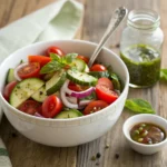 Salad served with sliced cucumbers, tomatoes, and onions, topped with a spoonful of Italian dressing in a rustic bowl on a wooden table.
