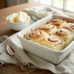 Sourdough cinnamon rolls in a white ceramic dish, partially sliced, with fluffy swirls and golden crust.