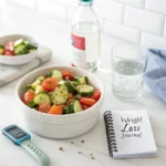 Portion-controlled bowl of cucumber tomato salad beside a notepad labeled “Weight Loss Tracker” and a water bottle on a white kitchen counter.
