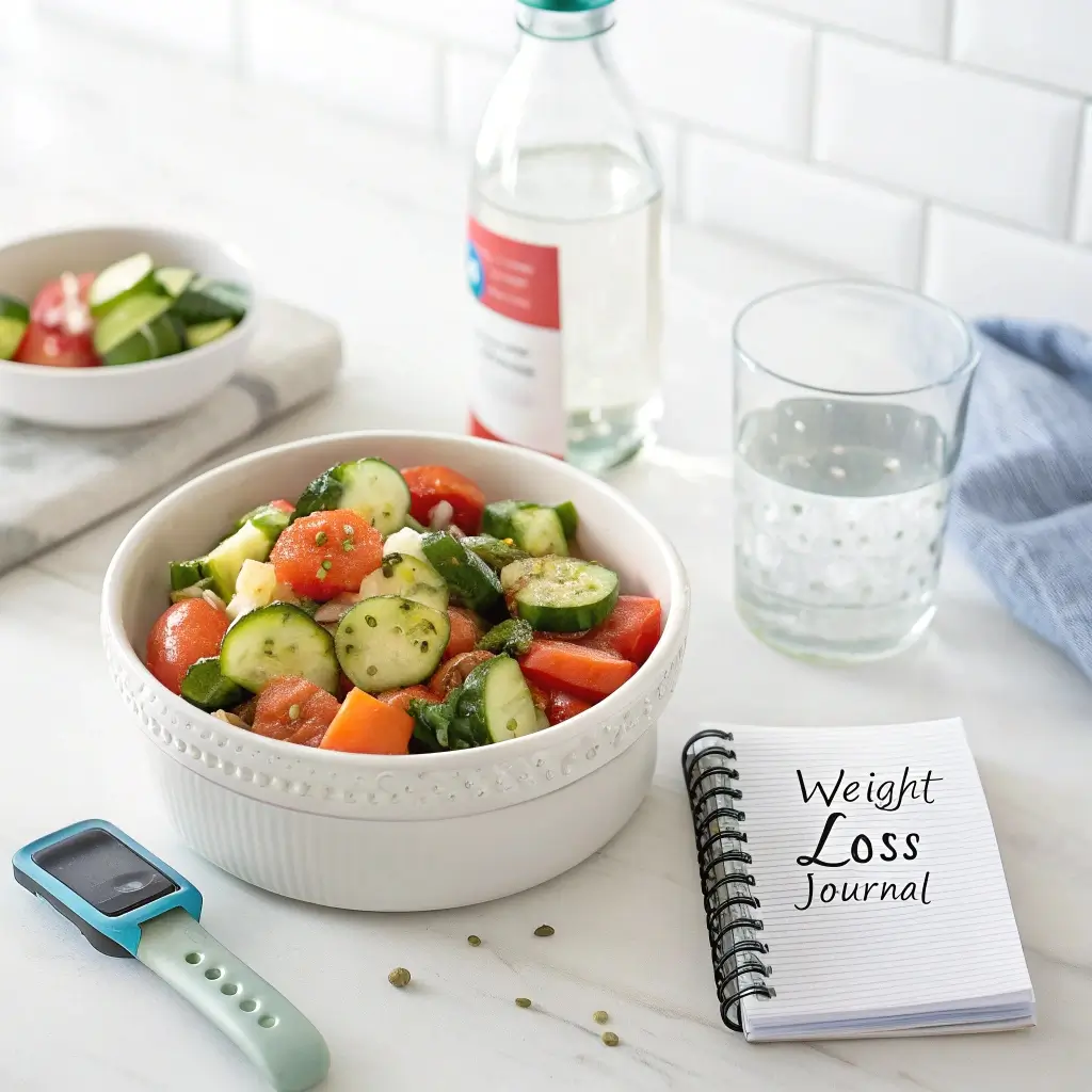 Portion-controlled bowl of cucumber tomato salad beside a notepad labeled “Weight Loss Tracker” and a water bottle on a white kitchen counter.