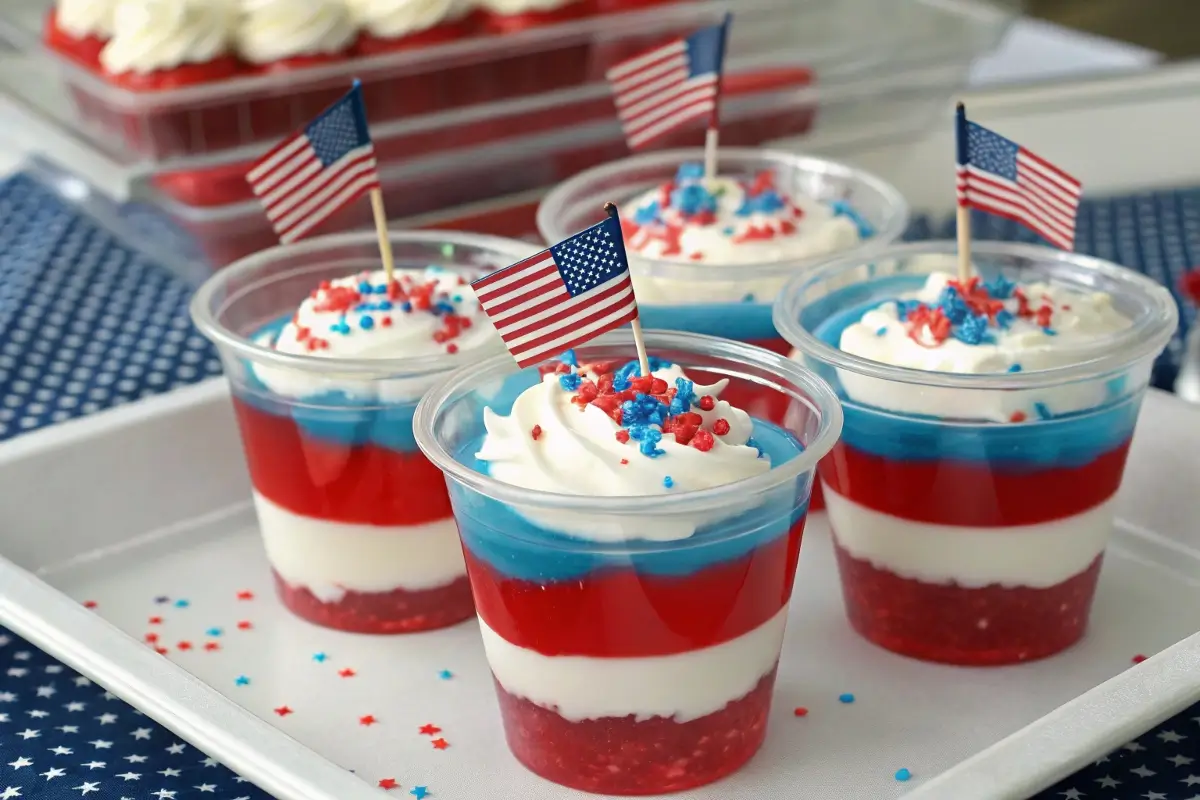 Individual clear cups layered with red, white, and blue Jello, topped with whipped cream and patriotic sprinkles, decorated with small American flags and set on a festive Fourth of July table.