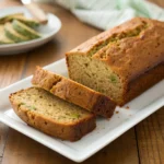 Sliced classic zucchini bread on a white plate, showing its moist texture and golden crust in warm light.