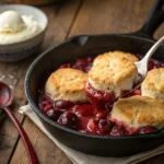 Close-up of cherry cobbler in a skillet with golden biscuit topping, cherry juice bubbling around the edges, and a spoon lifting a portion.