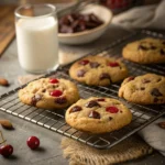 Close-up of cookies with gooey chocolate chips and red cherry chunks on a cooling rack, fresh from the oven.