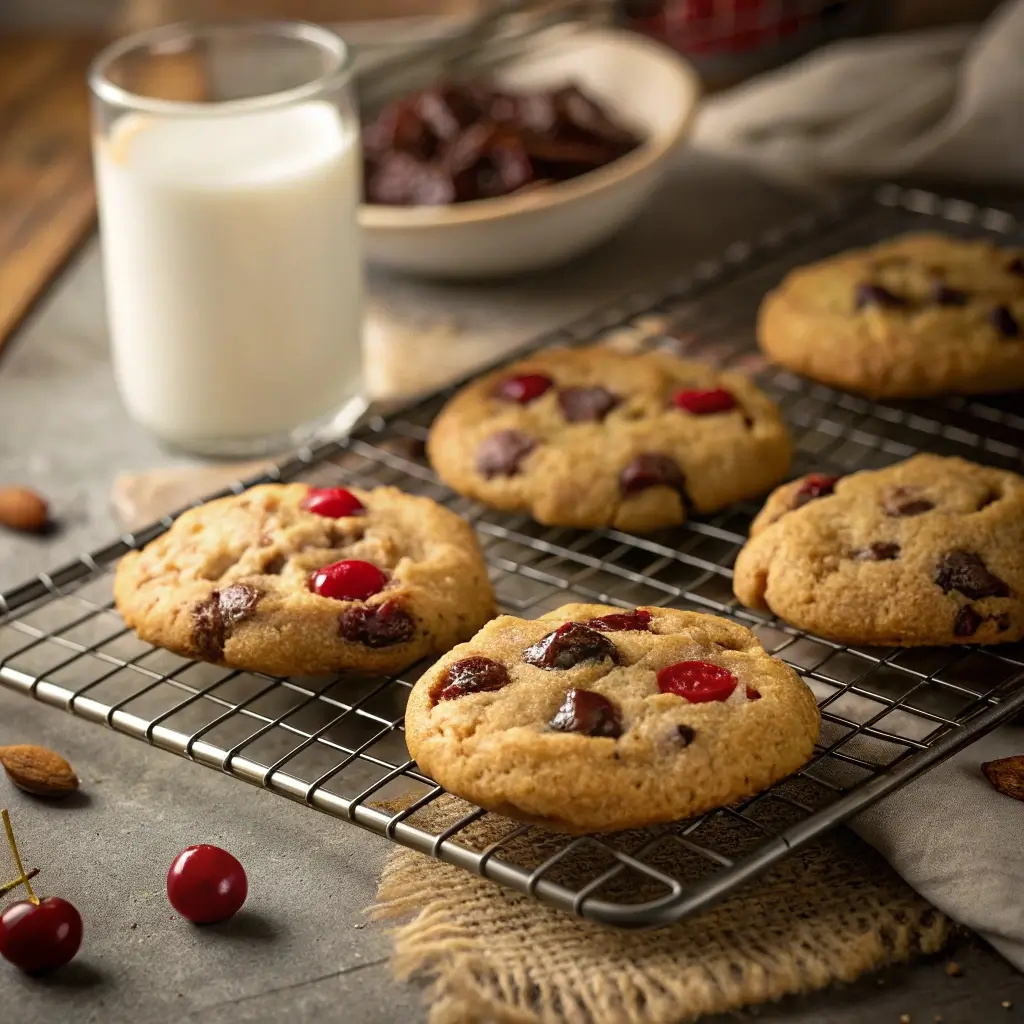 Close-up of cookies with gooey chocolate chips and red cherry chunks on a cooling rack, fresh from the oven.