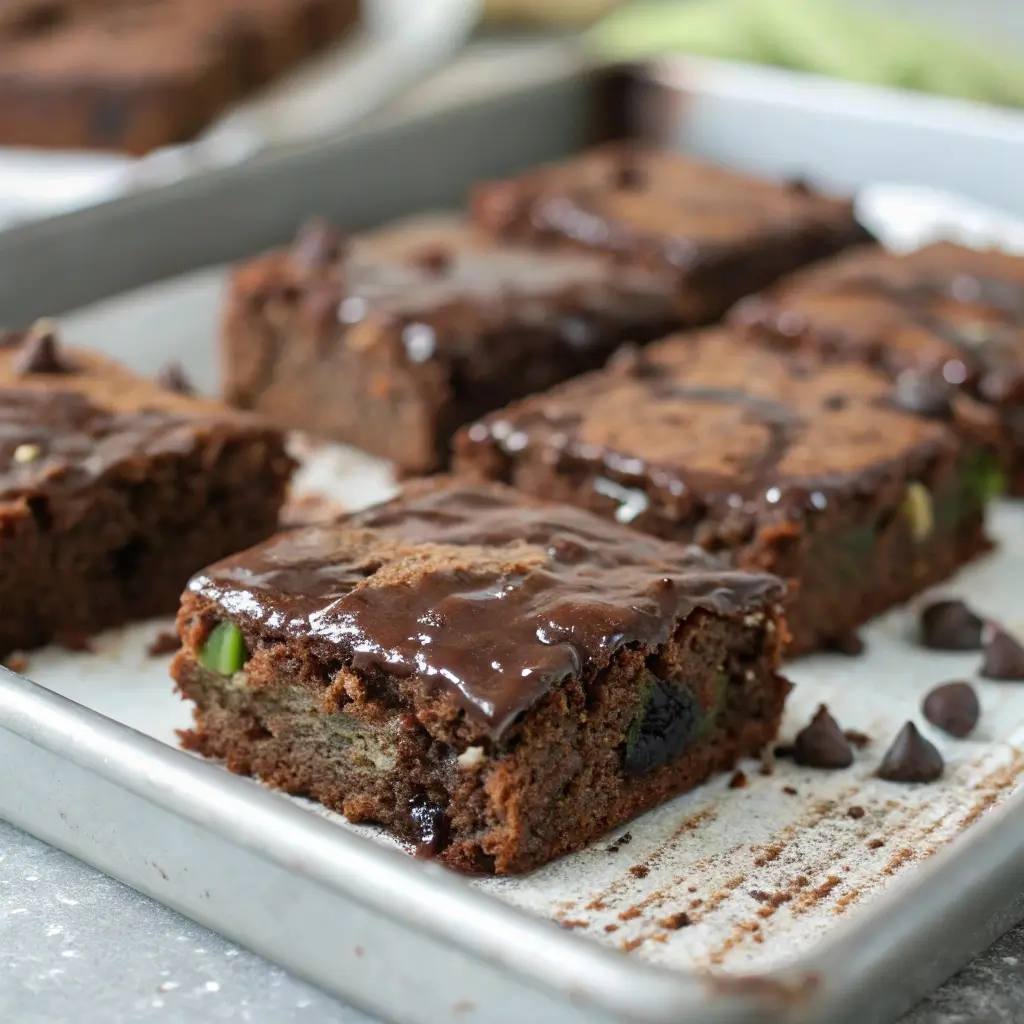 Close-up of gooey chocolate zucchini bars cut into squares on a baking tray