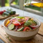 Rustic ceramic bowl of cucumber and tomato salad with red onions and basil, set on a wooden table with a soft garden background.