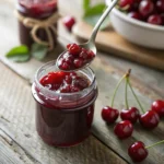 Extreme close-up of a spoon scooping glossy red cherry jam from a mason jar, with cherry bits visible in the thick texture.