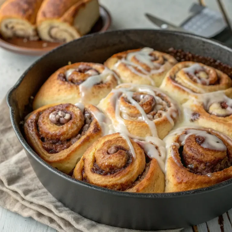 Freshly baked sourdough discard cinnamon rolls in a round pan, drizzled with vanilla glaze and golden brown around the edges.