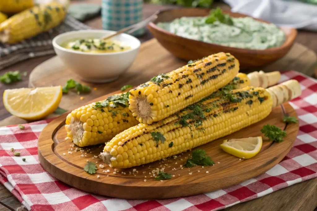 Grilled corn on the cob with char marks, topped with melting herb butter and garnished with fresh parsley, served on a wooden platter with lemon wedges and a bowl of herb butter.
