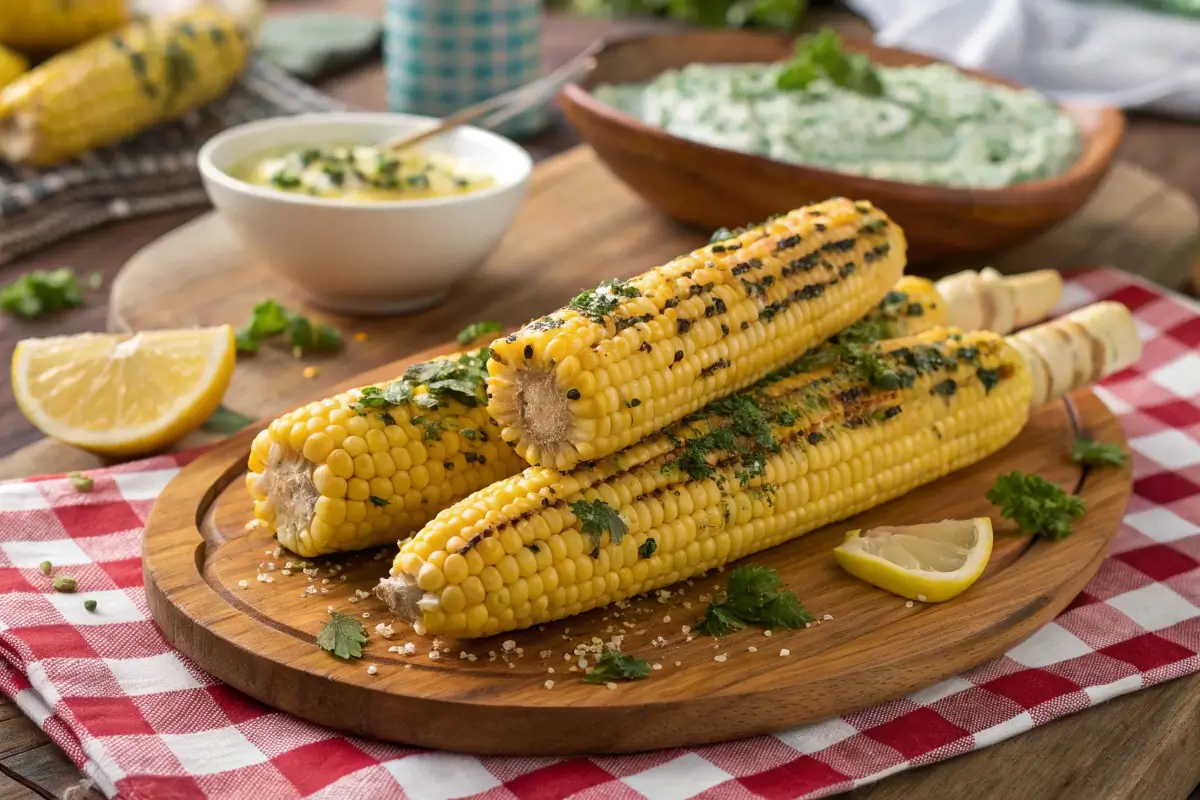 Grilled corn on the cob with char marks, topped with melting herb butter and garnished with fresh parsley, served on a wooden platter with lemon wedges and a bowl of herb butter.