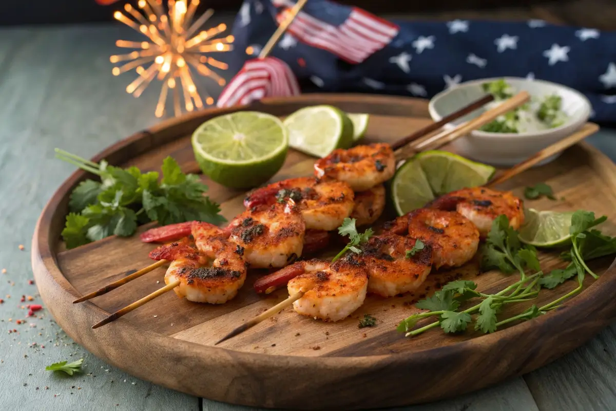 Grilled firecracker shrimp skewers glazed with spicy sauce, served on a wooden tray with lime wedges and patriotic 4th of July decorations in the background.
