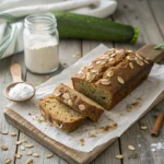 Gluten-free zucchini bread on parchment paper with fresh zucchini and a flour jar beside it.