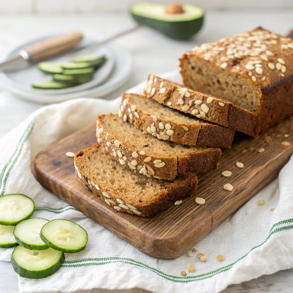 Whole wheat zucchini bread slices arranged neatly with a dusting of oats and a rustic napkin.