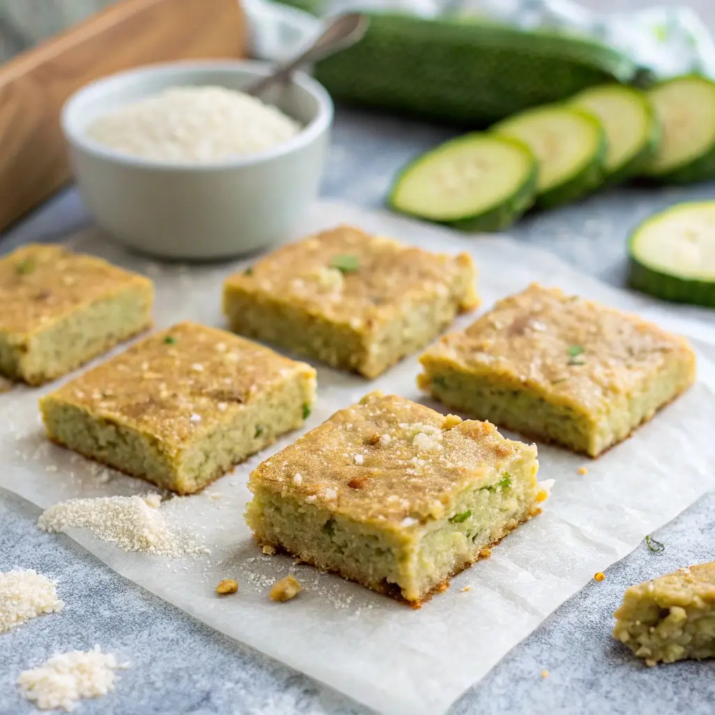 Keto zucchini bars on parchment paper with almond flour and zucchini in background