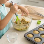 Kid-sized hands mixing zucchini bread batter in a bowl, with mini muffin tray ready to bake.
