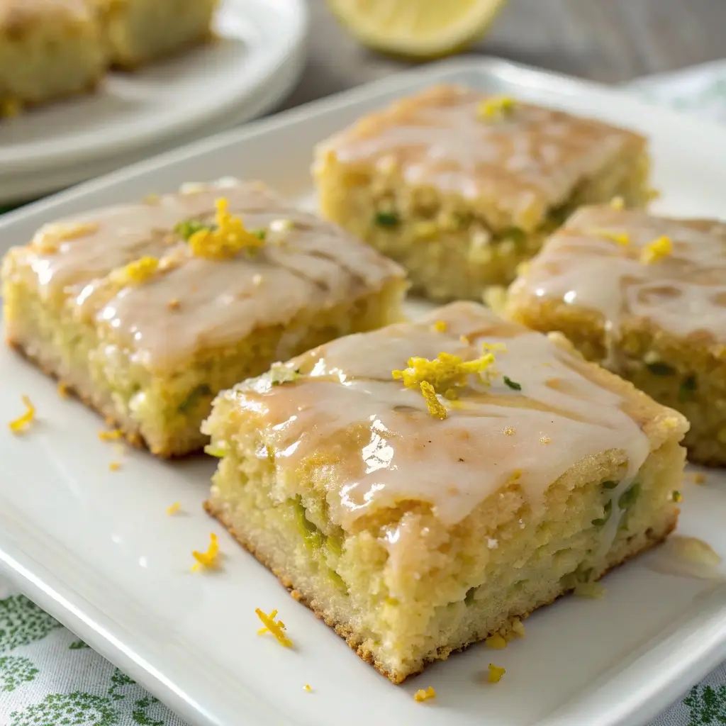 Lemon zucchini bars with glaze and lemon zest on top, served on a white plate