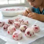 Macro view of frozen cherry yogurt bites arranged on parchment, with visible cherry chunks and a frosty surface. A child’s hand is reaching for a bite in a bright kitchen.