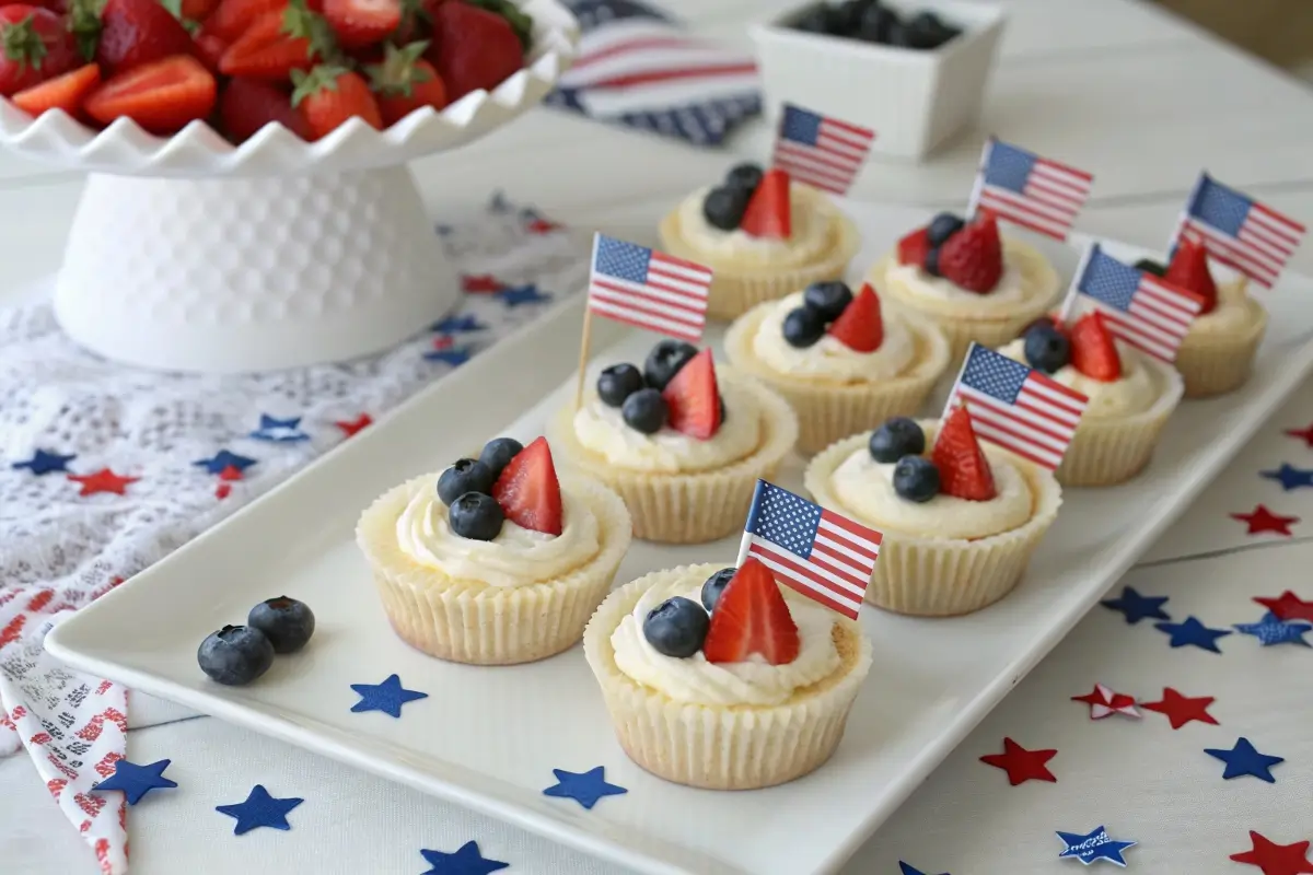 Mini cheesecakes decorated to look like American flags with blueberries, sliced strawberries, and whipped cream, displayed on a patriotic-themed tray for a 4th of July celebration.