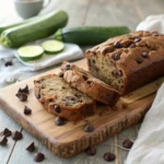 Chocolate chip zucchini bread loaf cut into thick slices with melted chips on top.